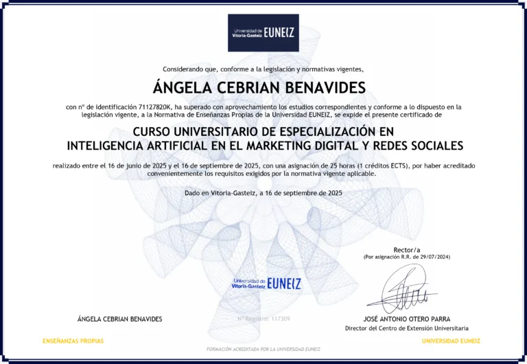 Diploma curso universitario de especialización en Inteligencia Artificial en el Marketing Digital y Redes Sociales, Universidad Euneiz