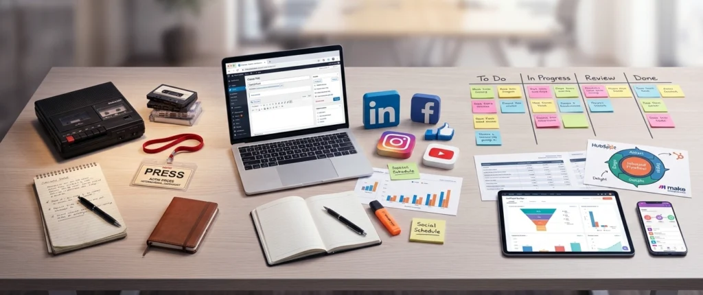 Una mesa de trabajo con una libreta, carnet de prensa y grabadora a la izquierda, un portátil con una entrada de blog e iconos de redes sociales en el centro, y una tabla kanvan y una tablet con tablas, embudos y esquemas del ciclo inbound a la derecha.